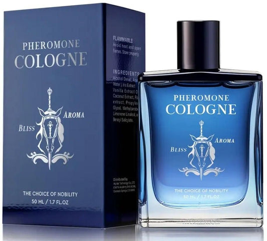 Pheromone cologne for men in a stylish blue bottle with a sleek design and box packaging
