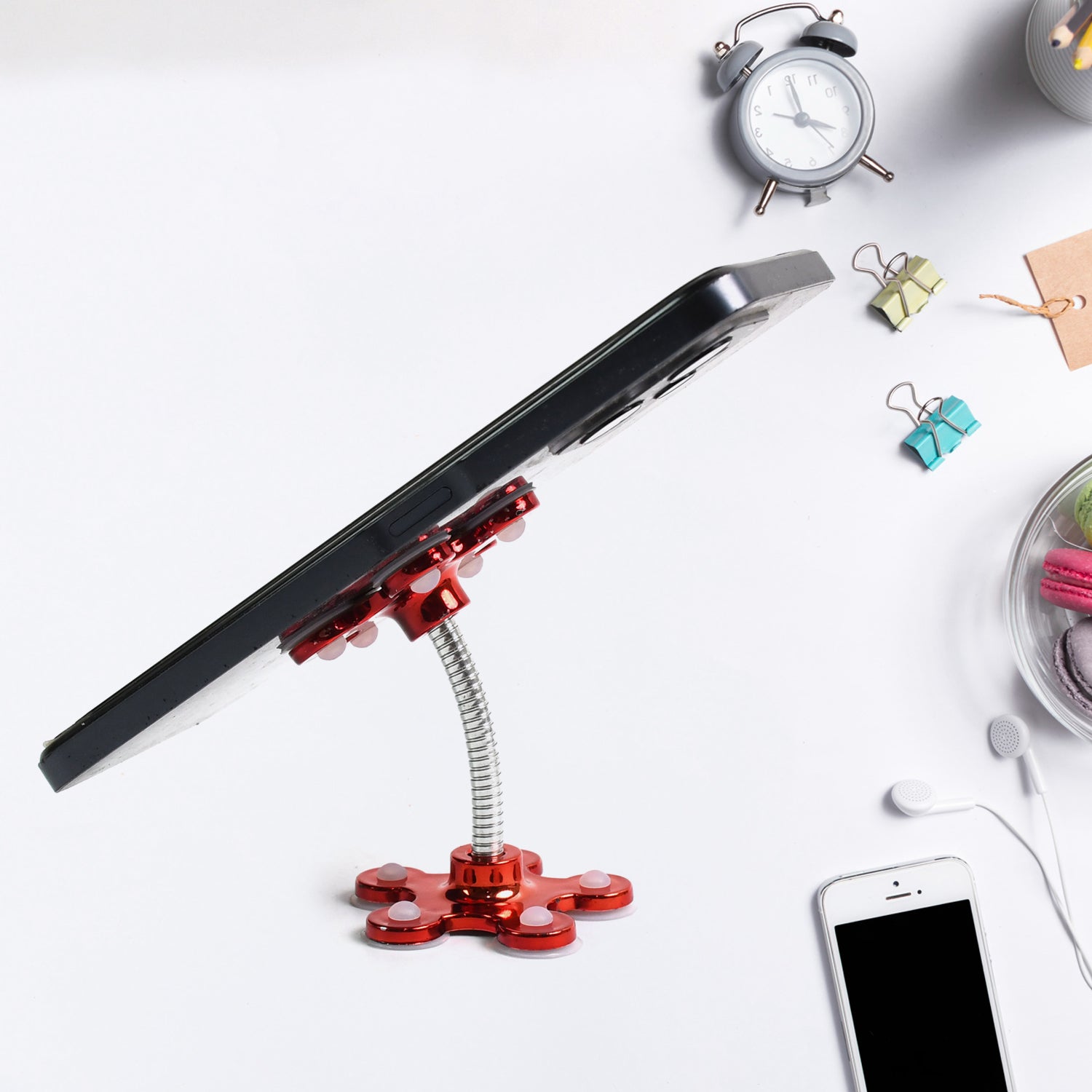 Red phone holder for car with flexible gooseneck design for easy adjustment and viewing