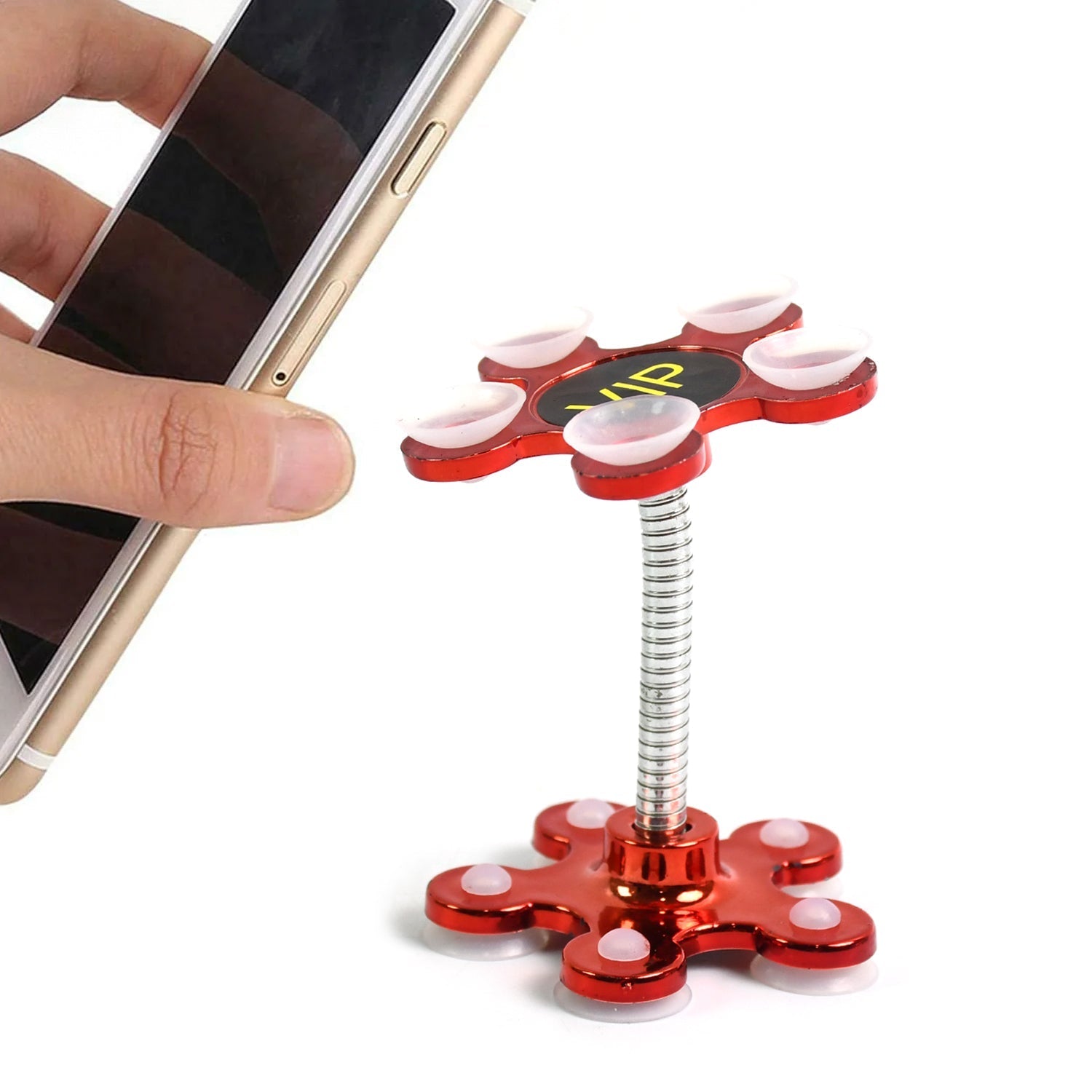 Red phone holder for car with flexible spring design for secure smartphone mounting