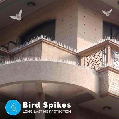 Pigeon control spikes set displayed on a balcony for effective bird deterrent solutions