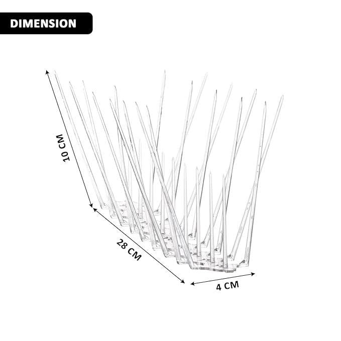 Pigeon control spikes set designed to prevent birds from landing with dimensions shown