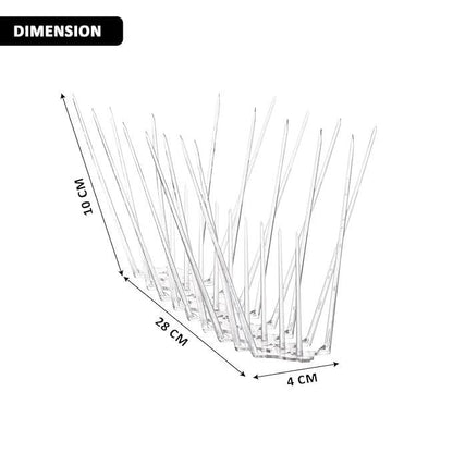 Pigeon control spikes set designed to prevent birds from landing with dimensions shown