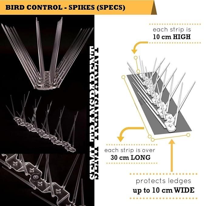 Pigeon control spikes set featuring semi-transparent strips that protect ledges up to 10 cm wide