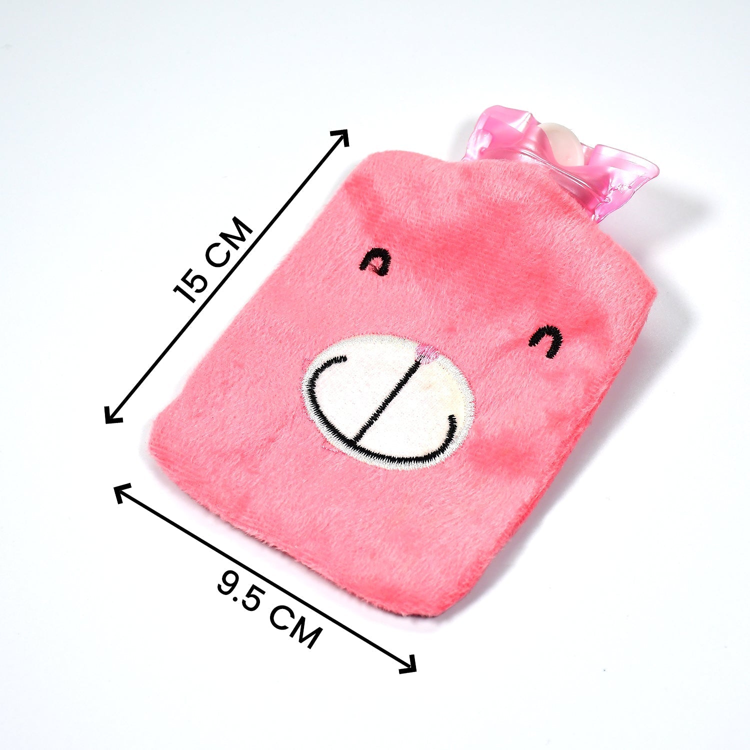 Pink hot water bag for cramps with a cute bear design and soft texture for comfort