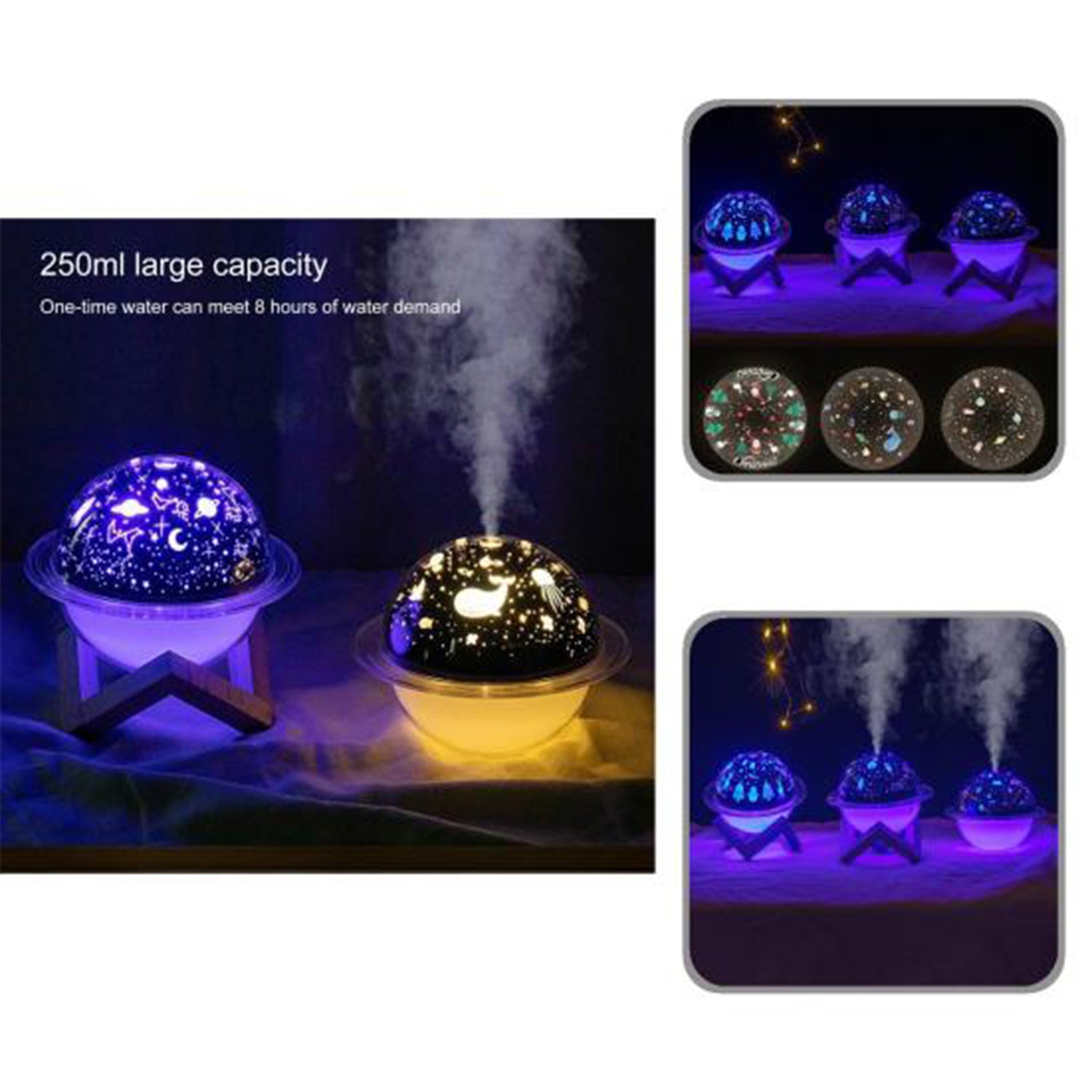 Planet light humidifier with 250ml capacity producing colorful mist for enhanced ambiance