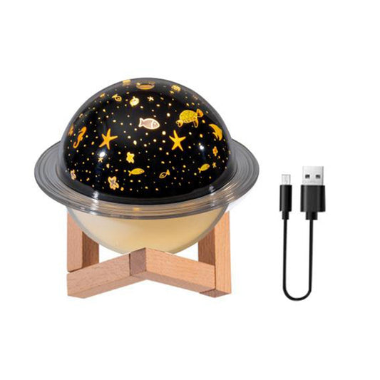 Planet light humidifier with starry design and wooden base for stylish home improvement
