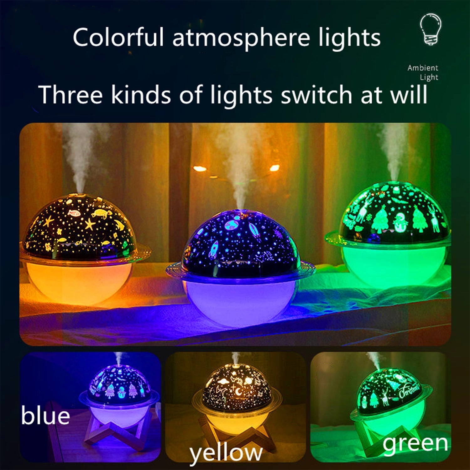 Planet light humidifier with colorful atmosphere lights in blue, yellow, and green for a soothing ambiance