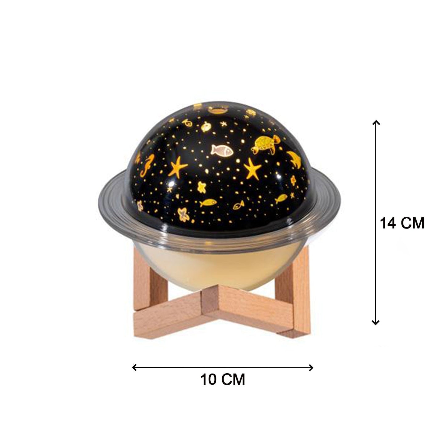Planet light humidifier with star and fish design, 14 cm tall and 10 cm wide for home decor
