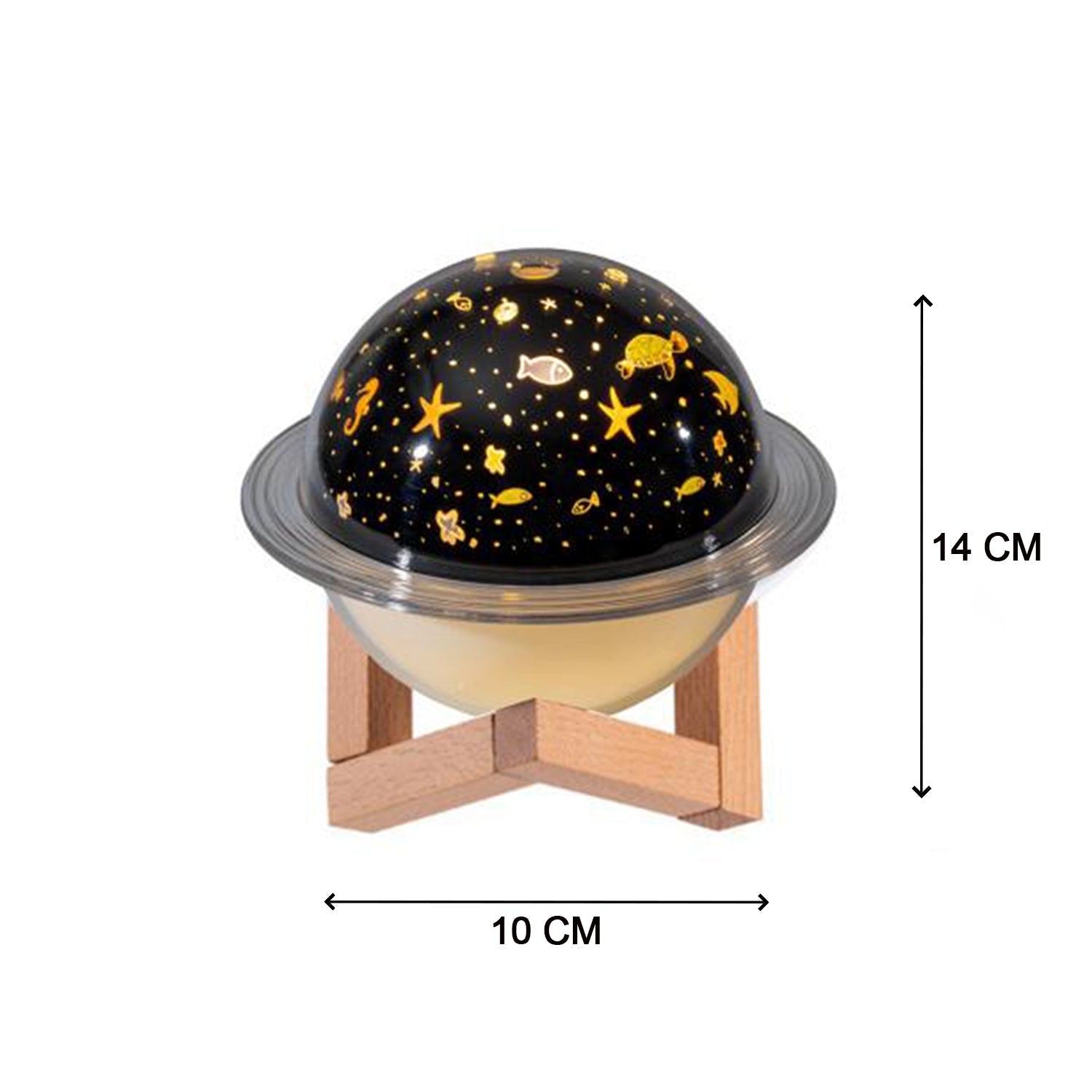 Planet light humidifier with star and fish design, 14 cm tall and 10 cm wide for home decor