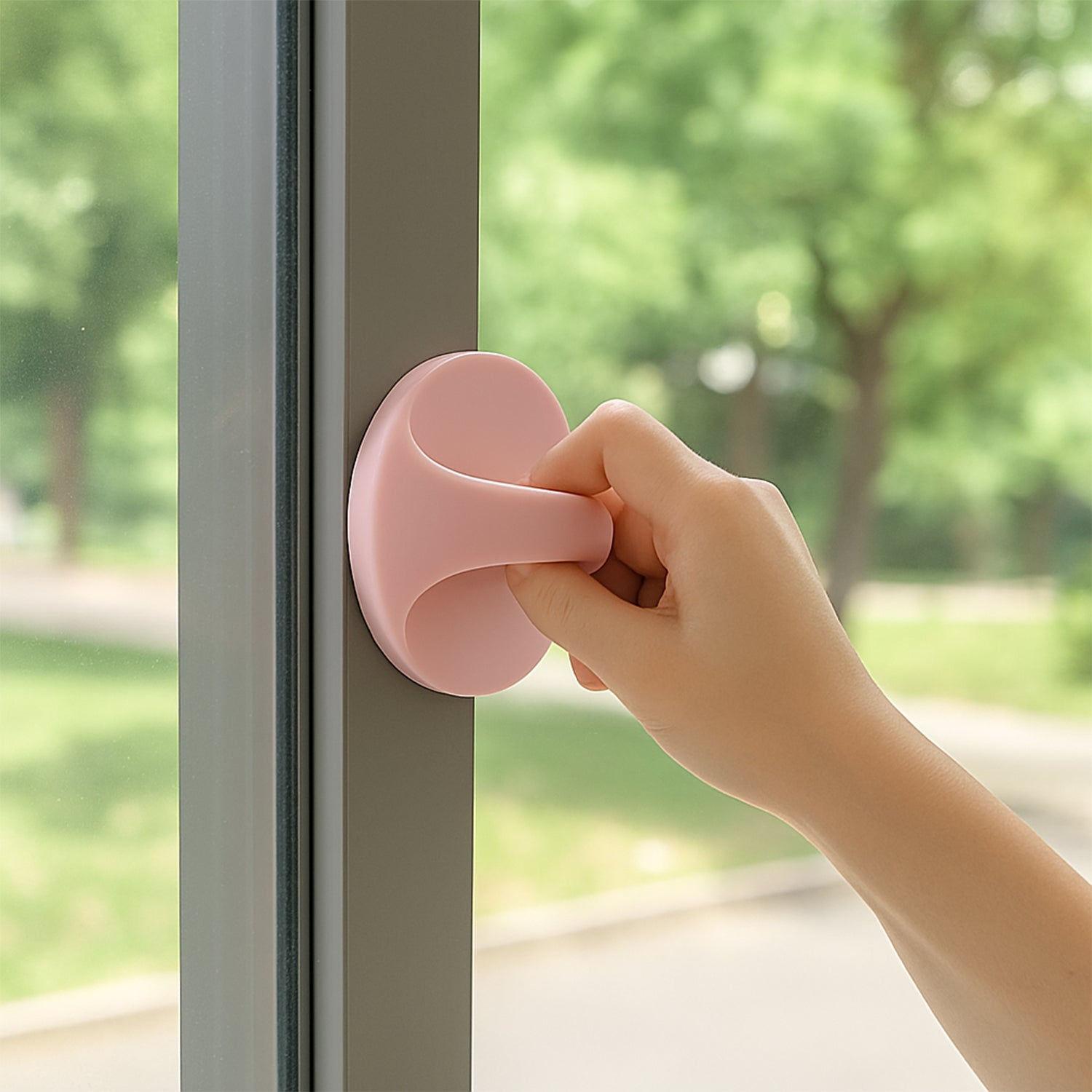 Comfortable pink plastic adhesive handle grip for easy door opening and closing