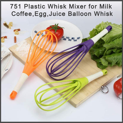Set of 751 plastic balloon whisk mixers in orange, purple, and green for milk, coffee, egg, and juice