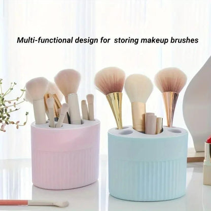 Plastic-free storage container by THE GIR FARMER in pink and blue holding makeup brushes on white surface
