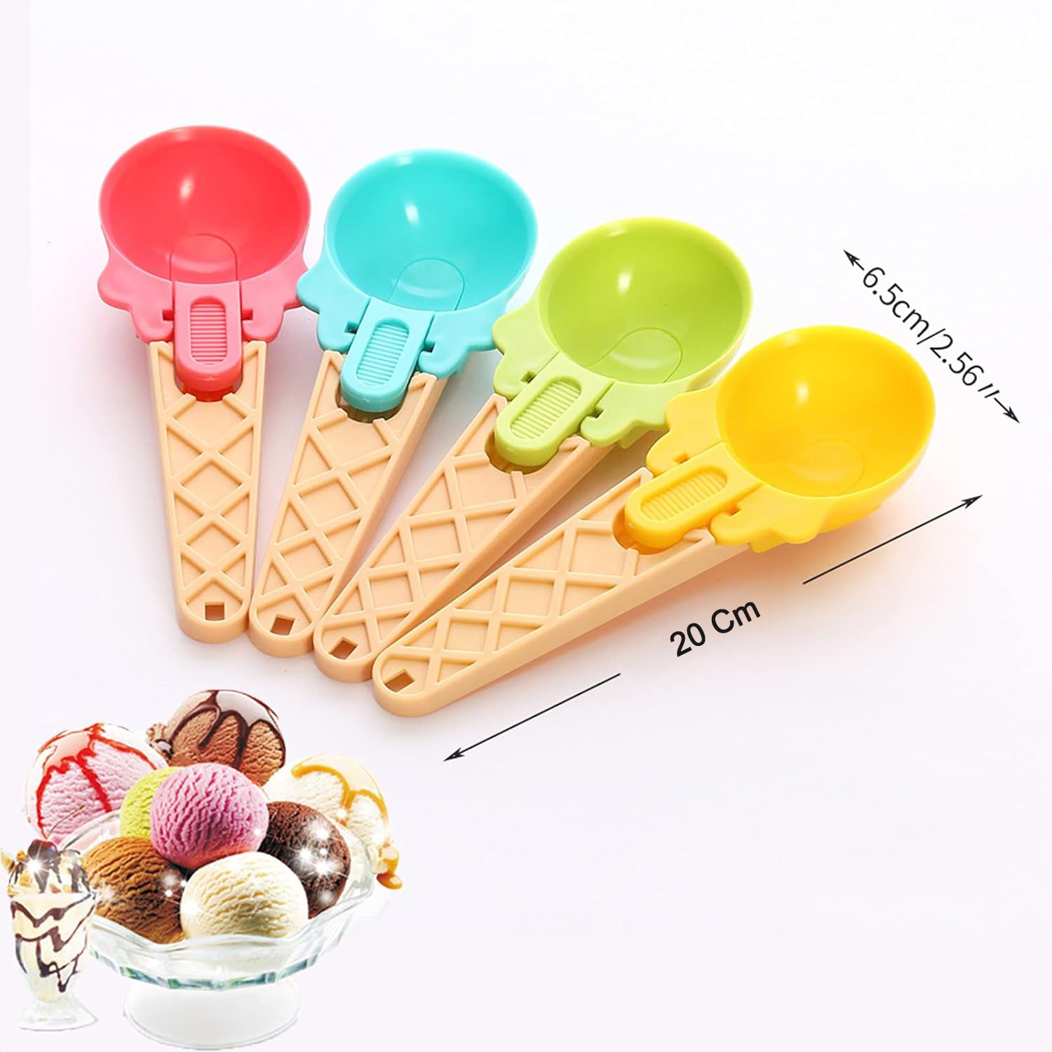 Colorful plastic ice cream scooper set in four vibrant colors with waffle cone design handle