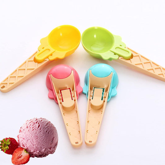 Colorful plastic ice cream scooper set with four scoops in pink, blue, yellow, and orange for easy serving