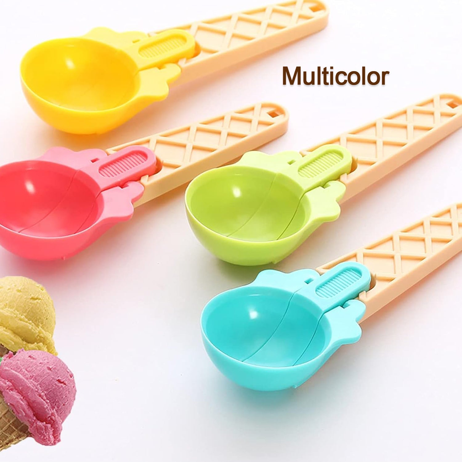 Multicolor plastic ice cream scooper set with different colors for easy serving of ice cream