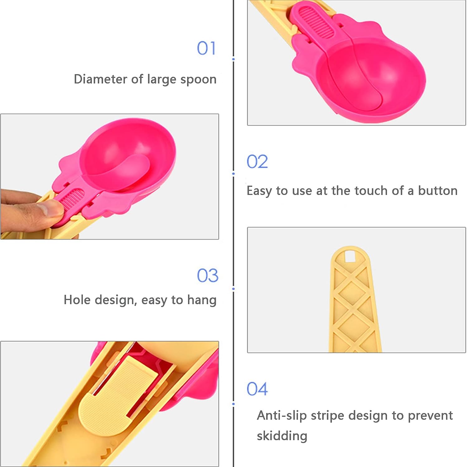Plastic ice cream scooper set with easy-to-use button and anti-slip design for efficient serving