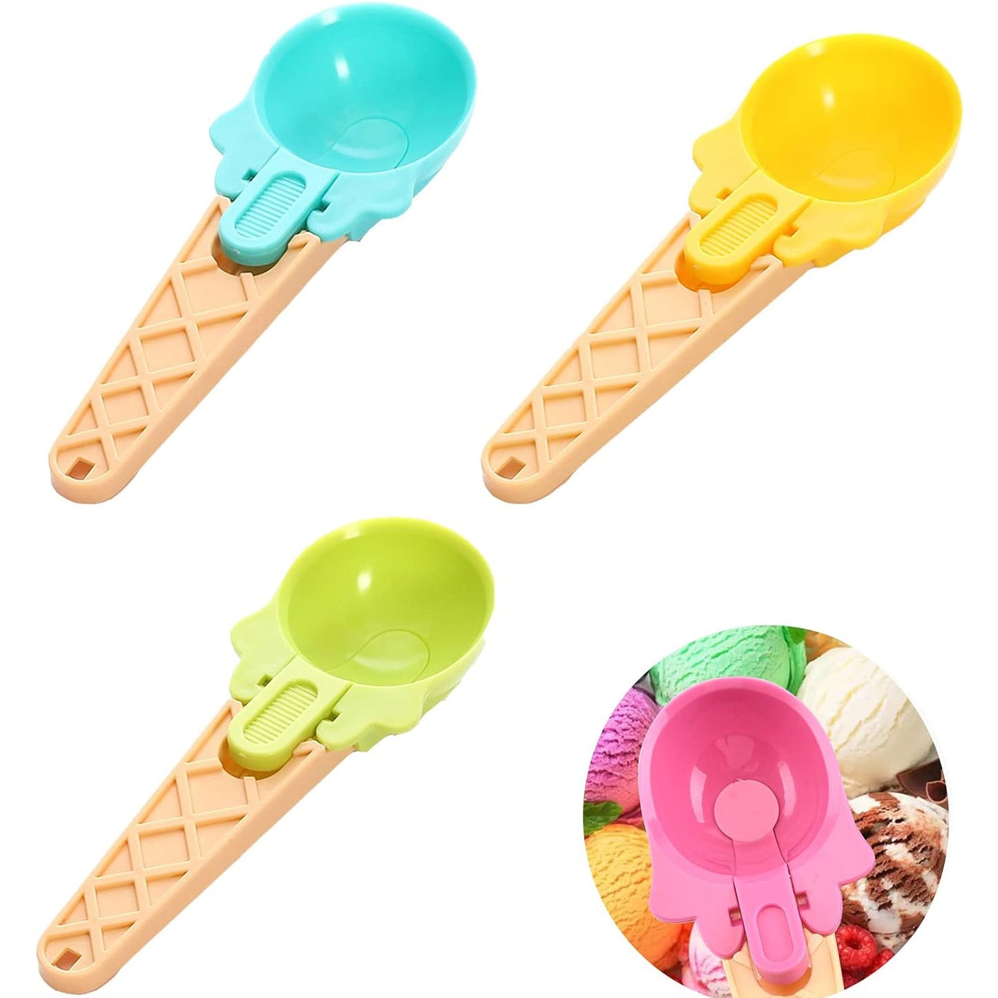 Colorful plastic ice cream scooper set in green, yellow, and pink with waffle cone design