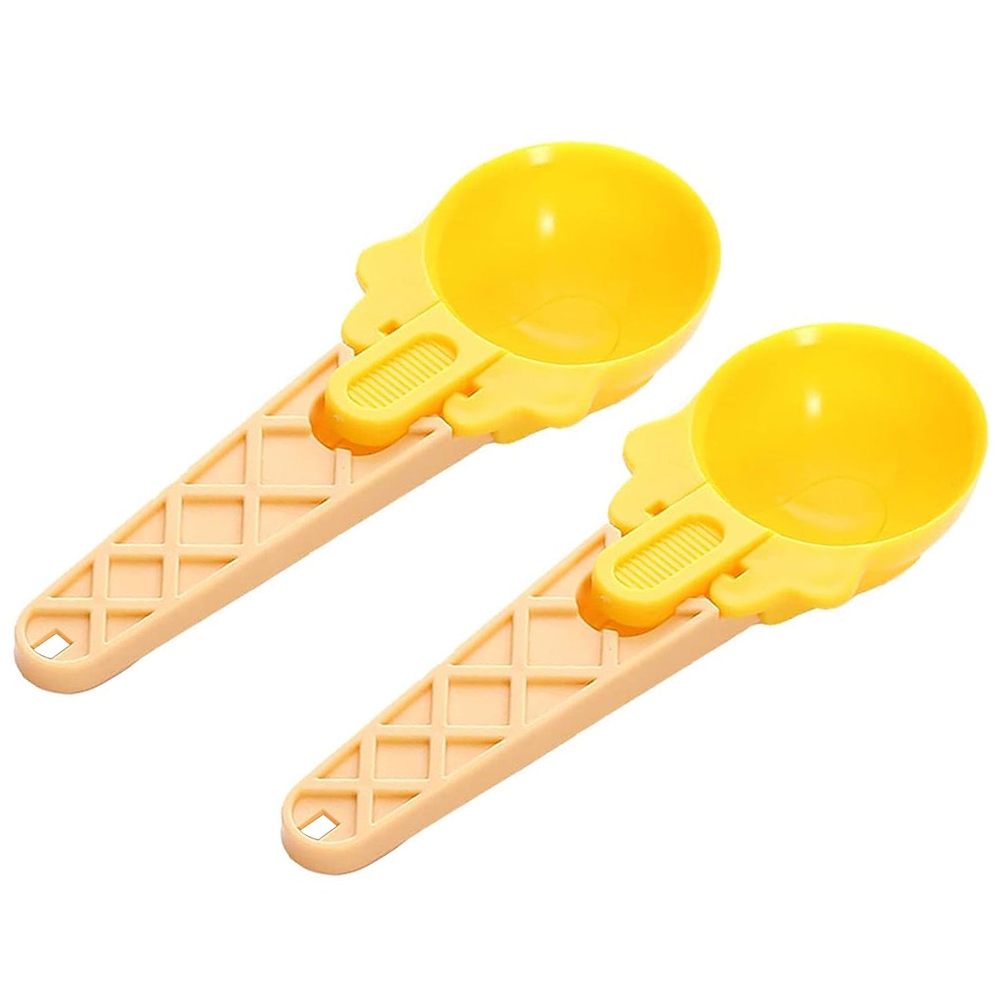 Plastic ice cream scooper set with yellow scoops and waffle cone design handles for easy serving