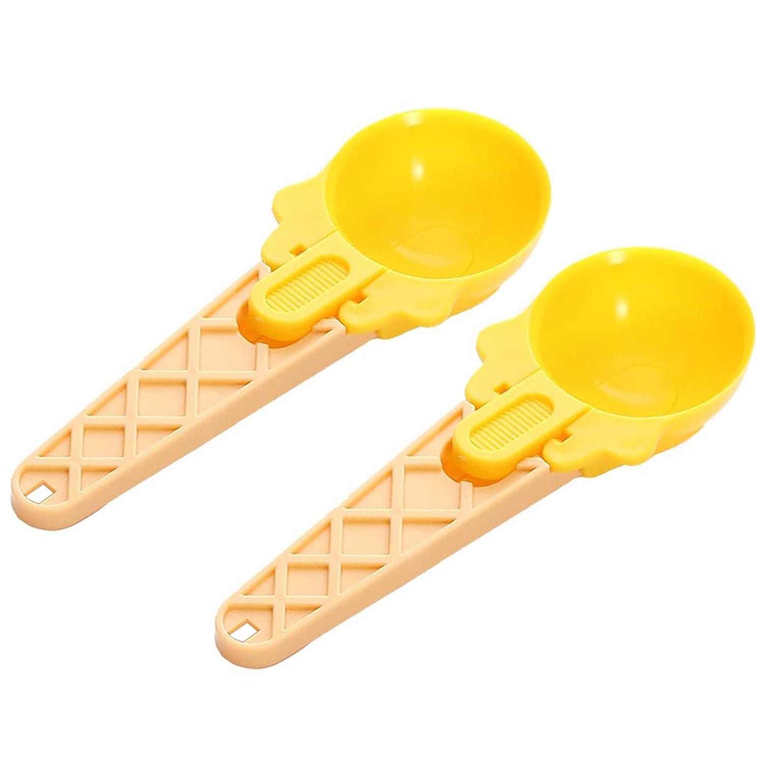 Plastic ice cream scooper set with yellow scoops and waffle cone design handles for easy serving