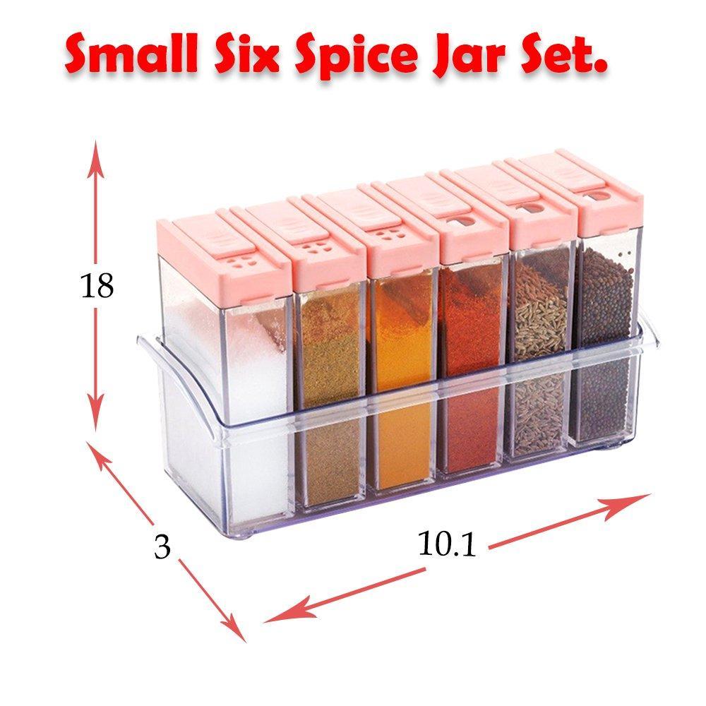 Small six plastic spice jars set with clear container for organized kitchen storage
