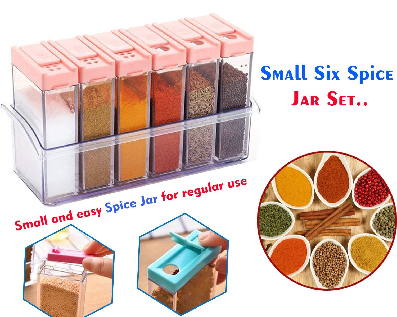 Plastic spice jars set with six small compartments for easy organization of herbs and spices