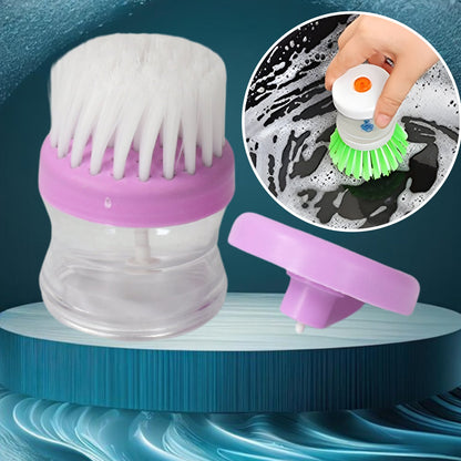 Plastic wash basin brush with soap dispenser in use, featuring a durable bristle head for effective cleaning