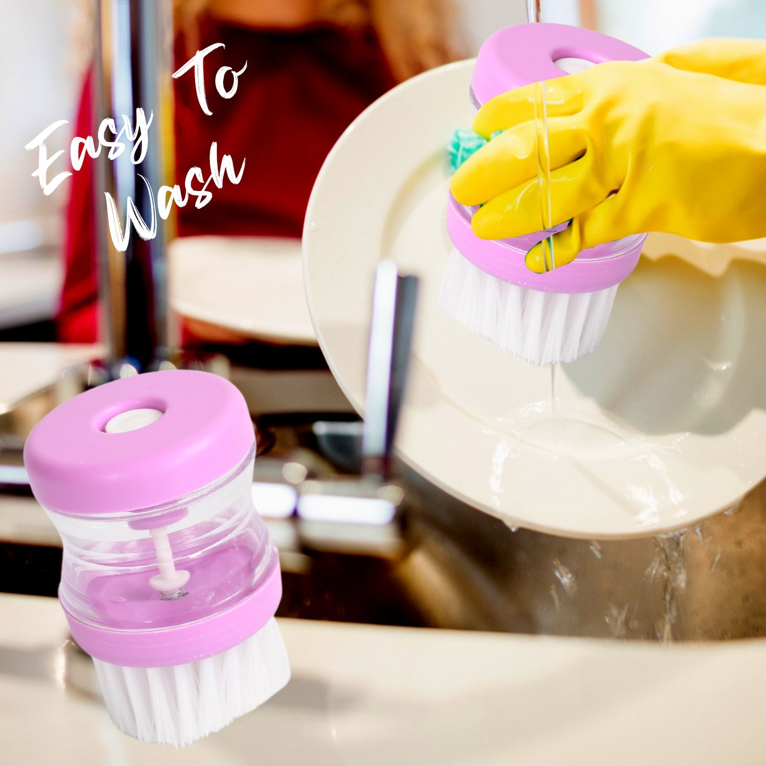 Plastic wash basin brush with soap dispenser for efficient dish cleaning in bright colors