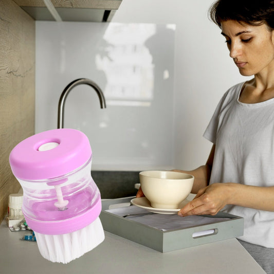 Plastic wash basin brush with soap dispenser for efficient dish cleaning in the kitchen