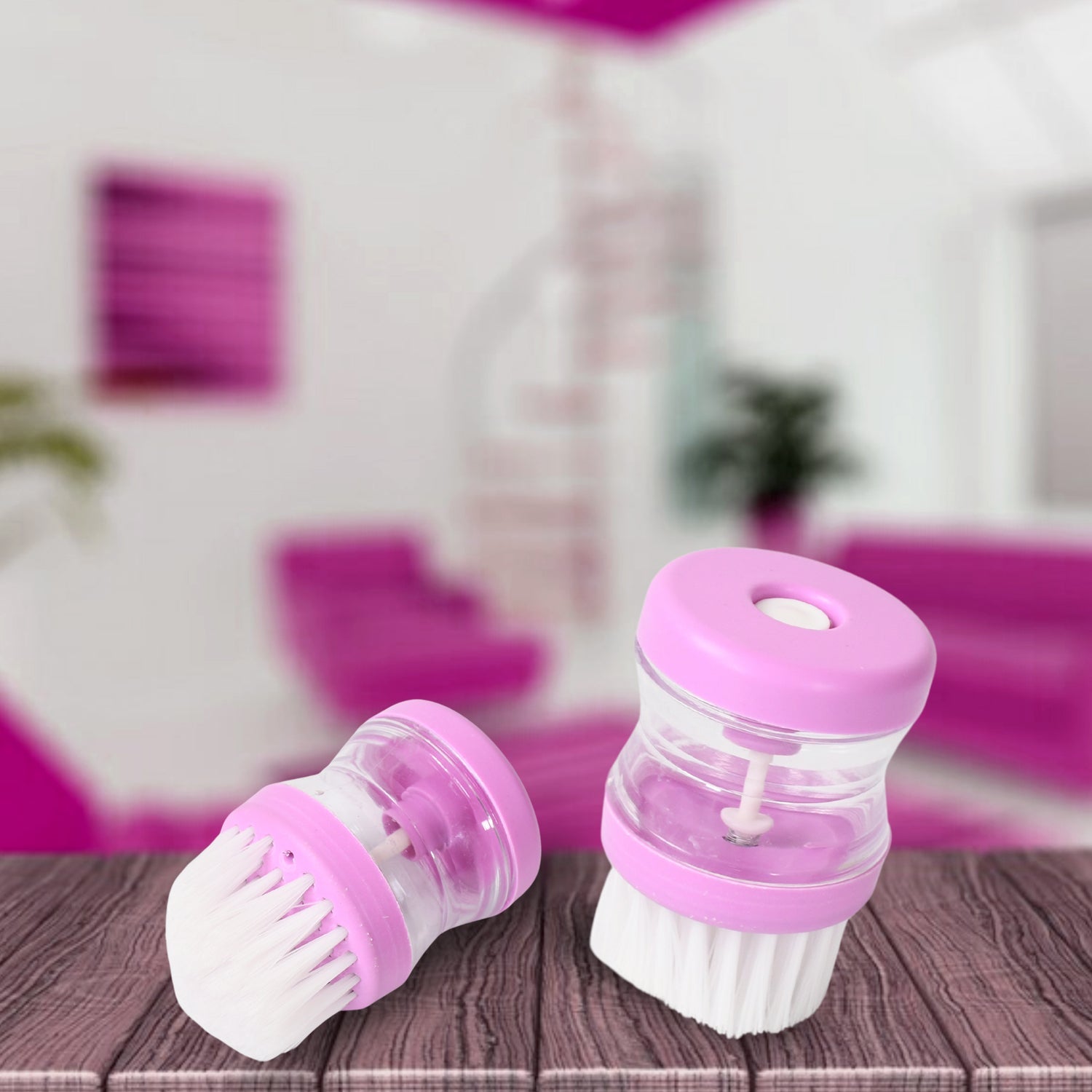 Plastic wash basin brush with soap dispenser in pink for efficient cleaning and storage