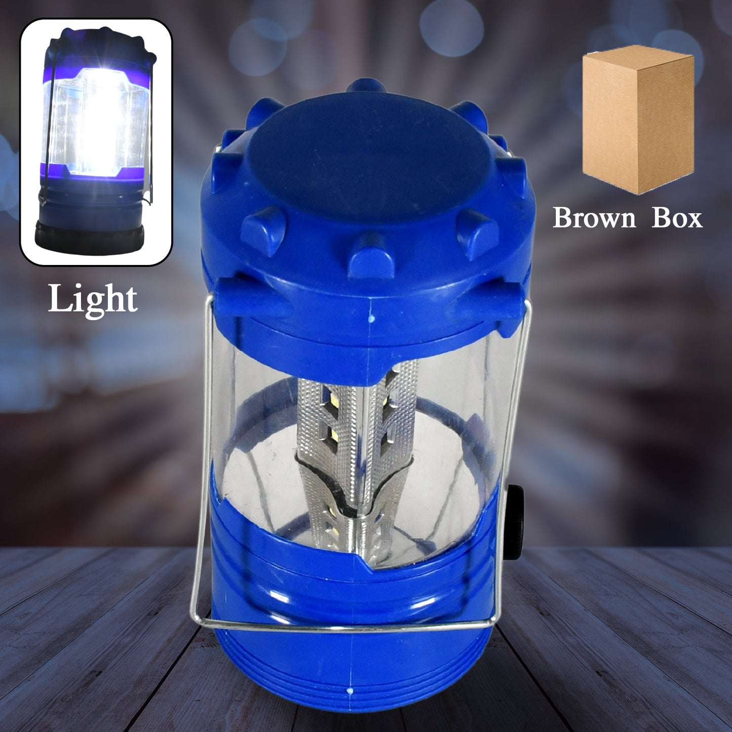 Portable camping lantern waterproof in blue with a clear glass body for outdoor adventures