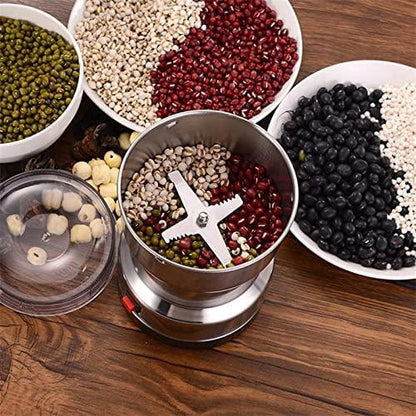 THE GIR FARMER portable coffee bean grinder with mixed beans inside and various beans in bowls around