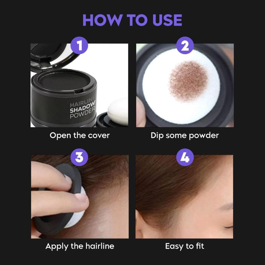 Instructions for using portable hairline black powder with a dip and apply method for easy application.