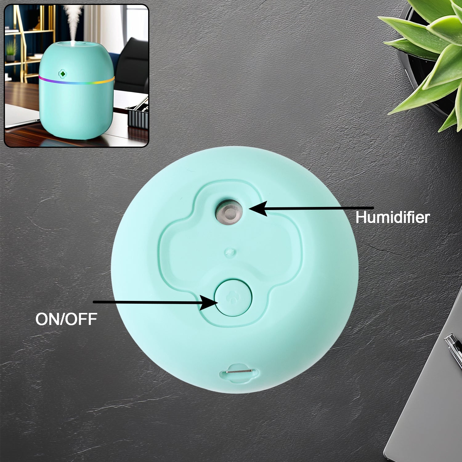 Portable mini USB humidifier with ON/OFF button and sleek design for office use