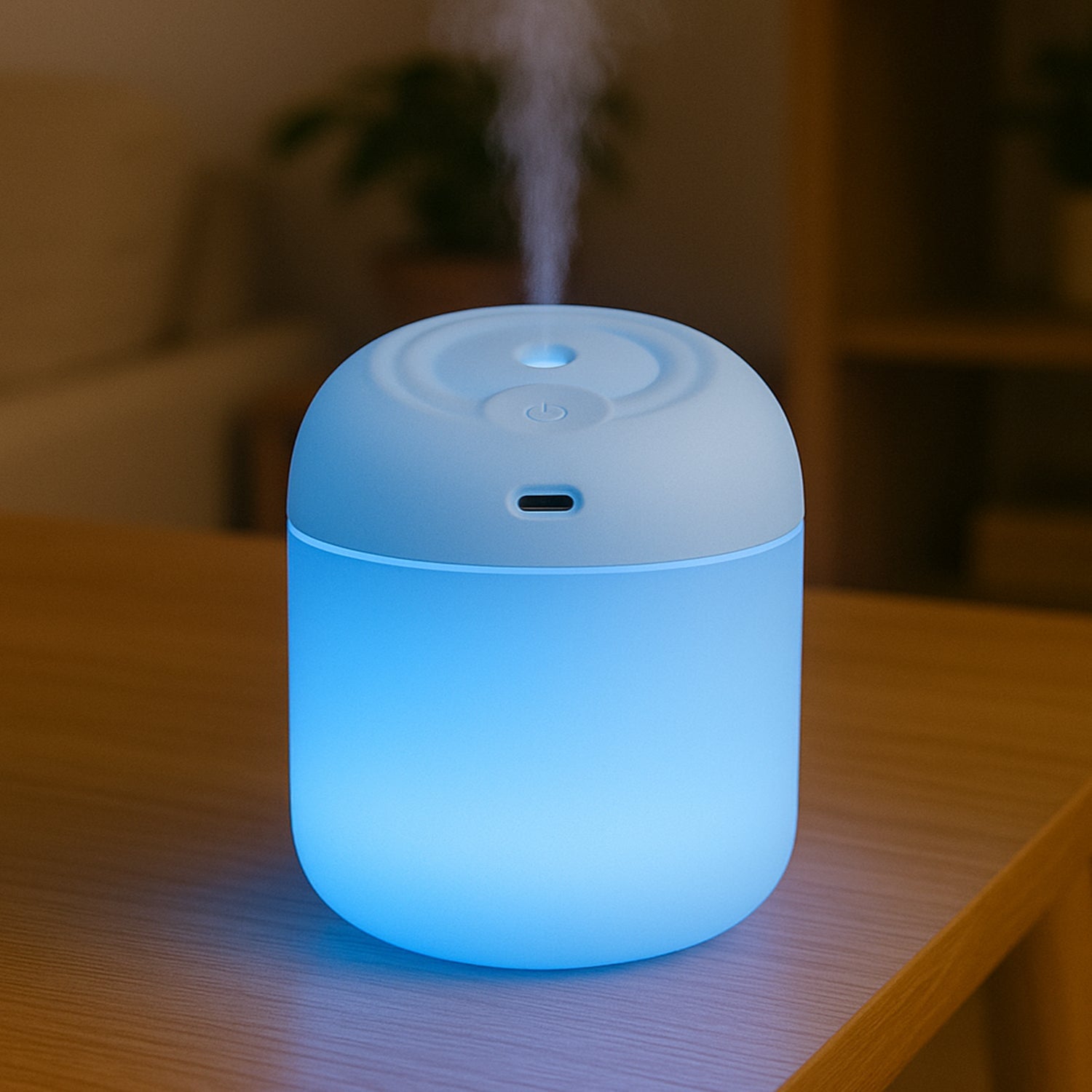 Your Brand portable mini USB humidifier with soft blue glow and mist output for improved air quality