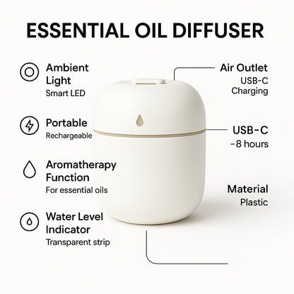 Portable mini USB humidifier in white with USB-C charging and aromatherapy function