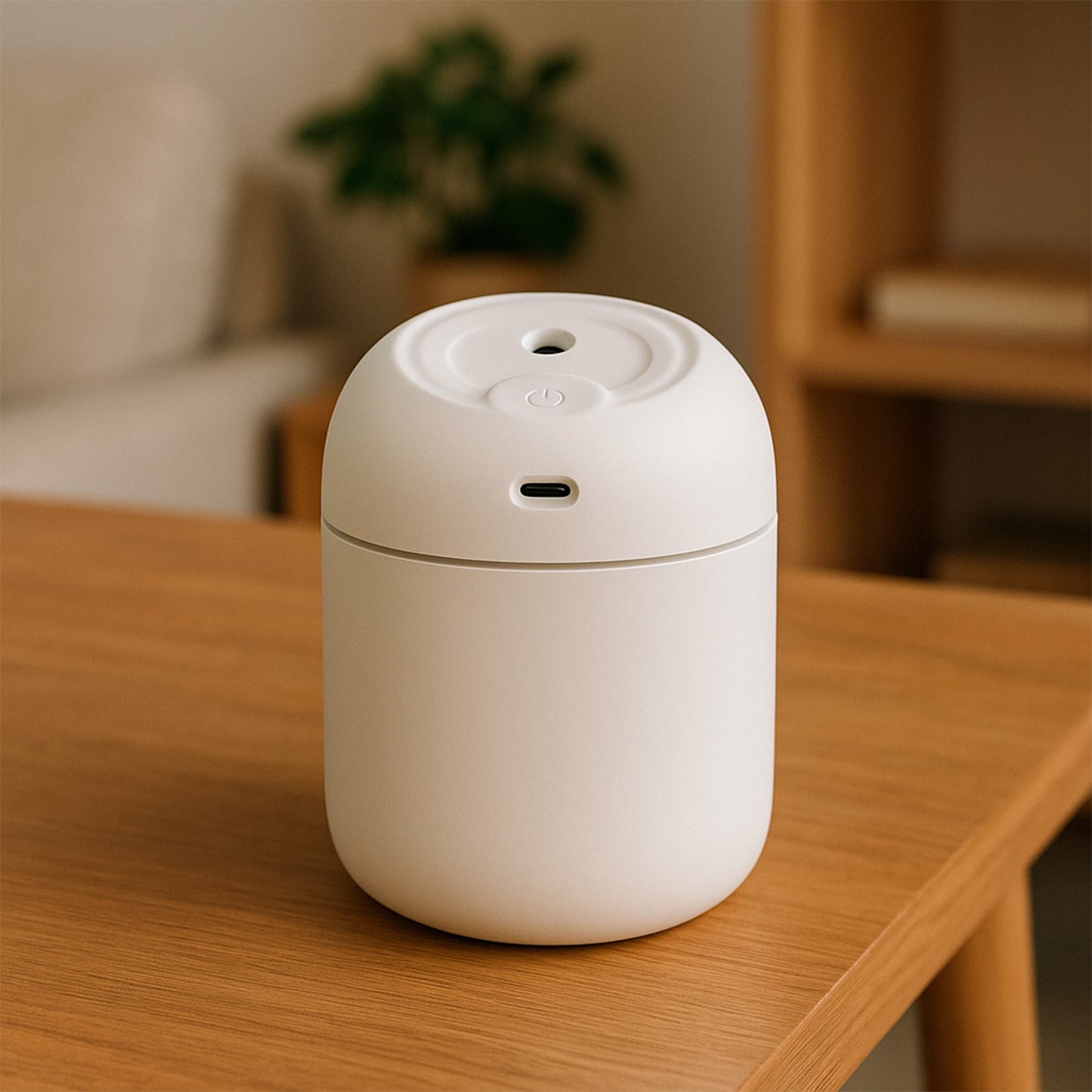 Portable mini USB humidifier in white color on a wooden table in a cozy office space