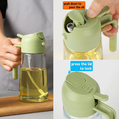 Portable oil sprayer dispenser with easy push-button lid for controlled pouring and locking mechanism