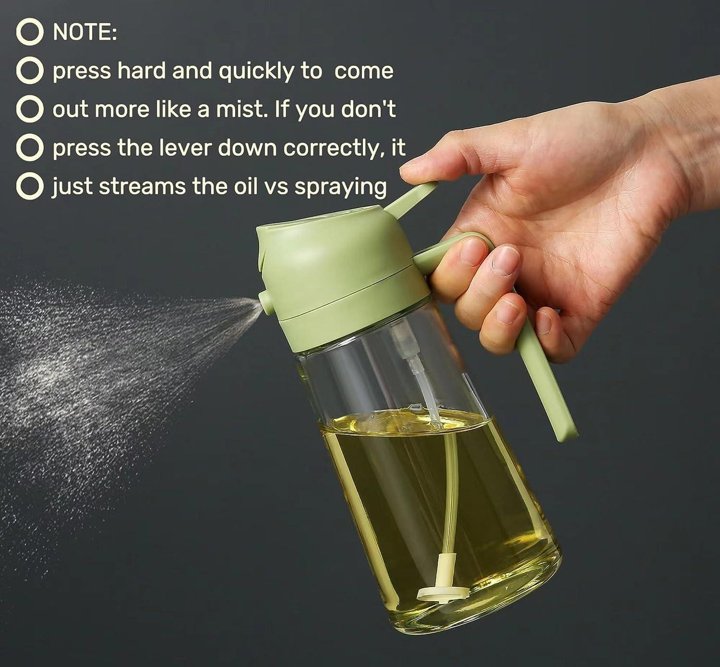 Hand-held portable oil sprayer dispenser for evenly spraying oil in a fine mist, ideal for cooking.
