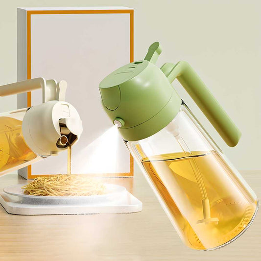 Green portable oil sprayer dispenser for precise oil application over food and cooking.