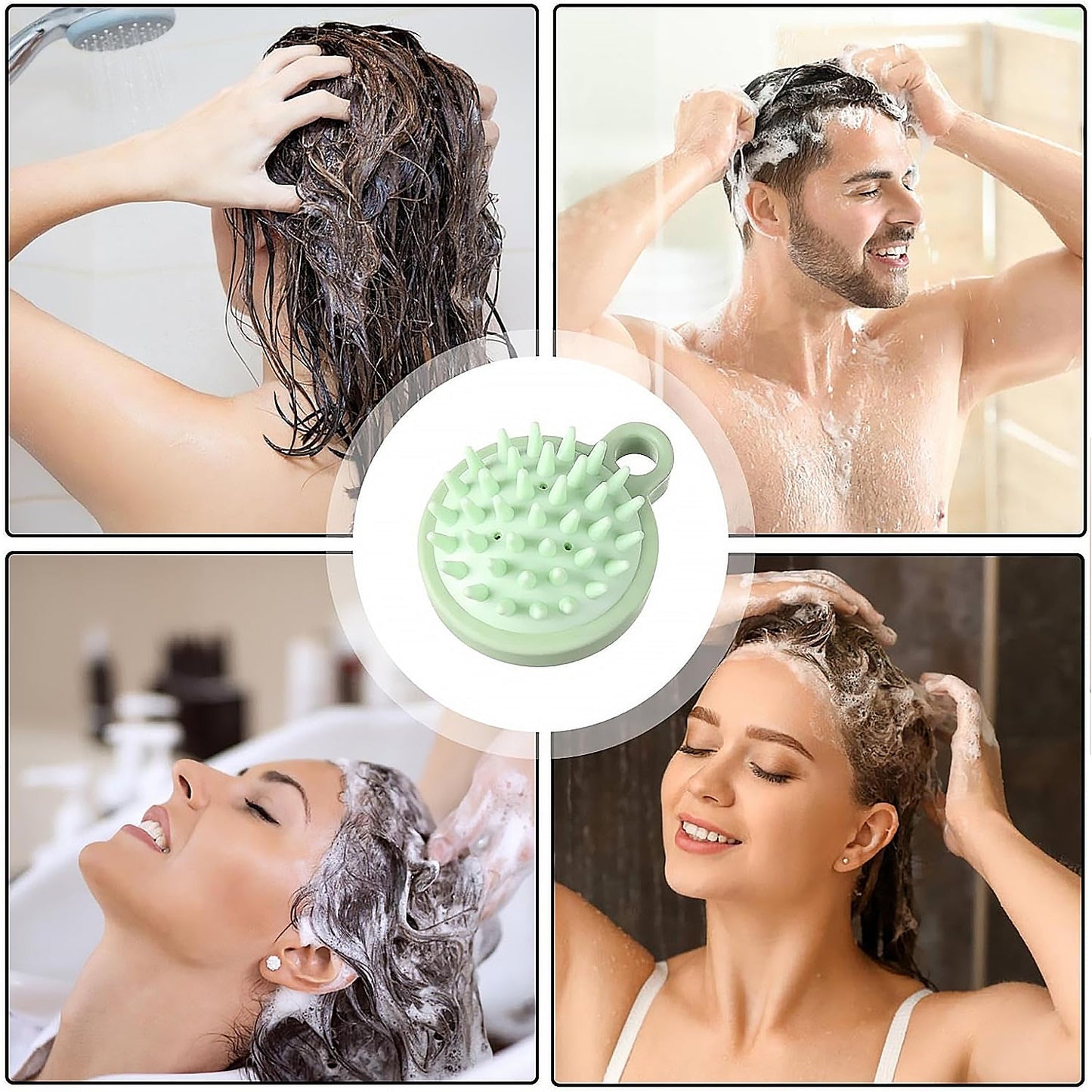 Portable scalp massage comb in green used for relaxing head massages and enhancing shampooing experience