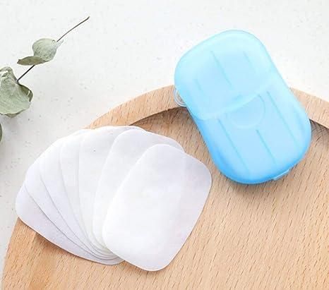 Portable scented paper soap in a blue holder with several sheets for on-the-go hygiene