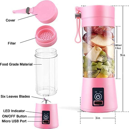 THE GIR FARMER pink portable smoothie blender with six blades, LED indicator, and USB charging