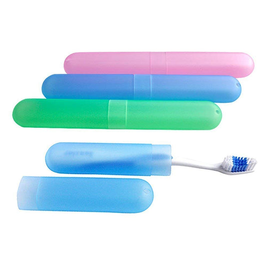 Colorful portable toothbrush case set in green, pink, and blue for travel and home use