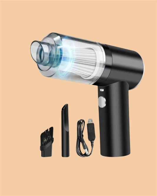 Black portable vacuum suction cleaner with transparent filter and USB charging cable with two attachments