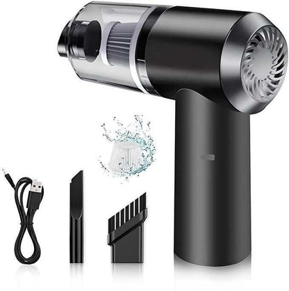 Black portable vacuum suction cleaner with USB charging cable and cleaning nozzle attachments