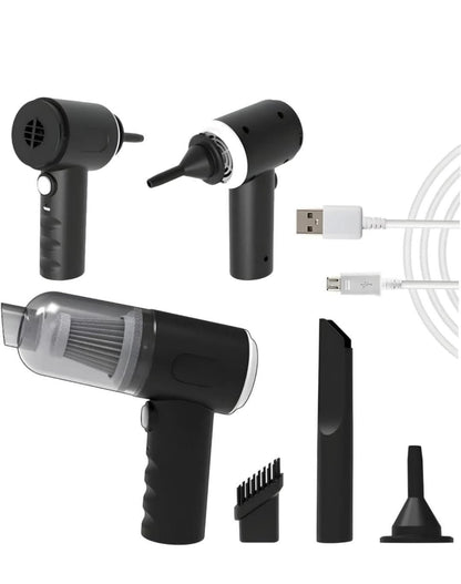 Portable vacuum suction cleaner with USB charging cable and multiple nozzle attachments in black