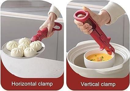 Versatile pot pan gripper tongs for lifting plates and bowls safely in horizontal and vertical positions