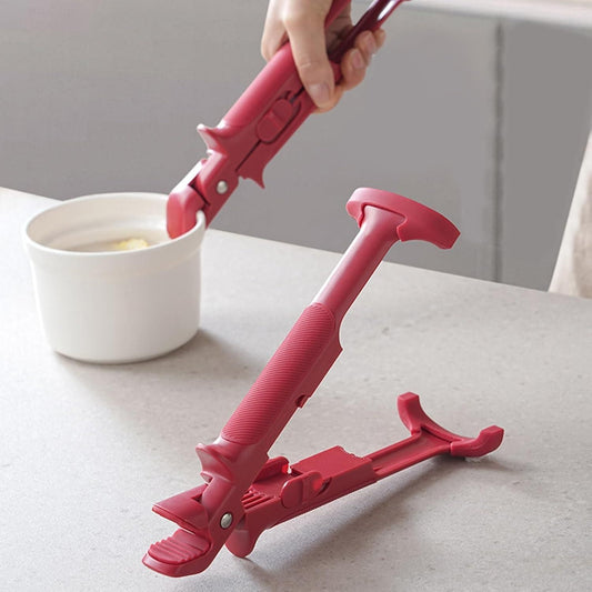 Red pot pan gripper tongs designed for safe and easy lifting of hot cookware