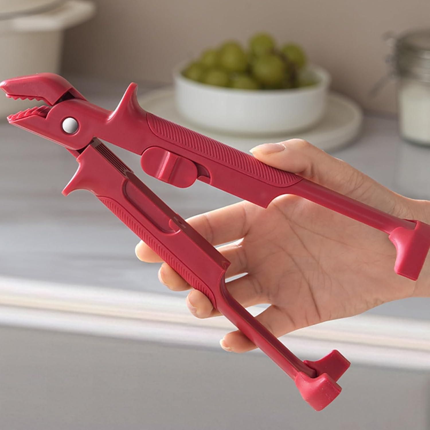 Red pot pan gripper tongs for safe and easy handling of hot cookware