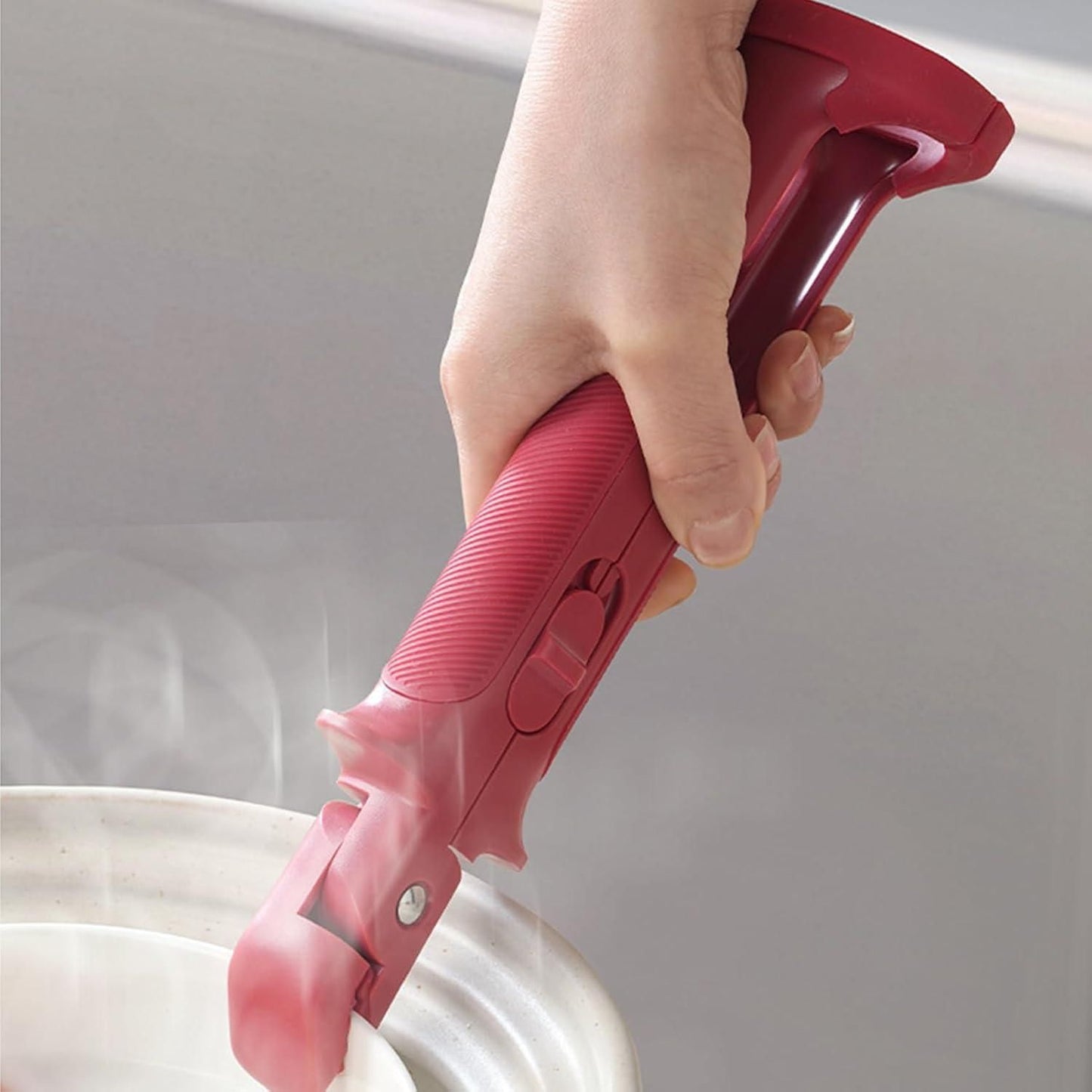 Ergonomic pot pan gripper tongs in red for safe and easy handling of hot cookware